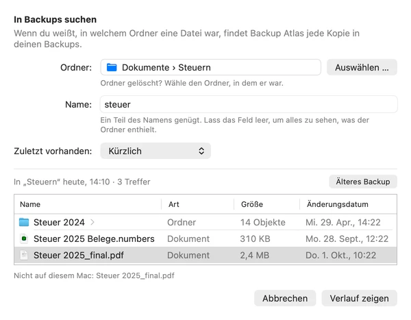 Das Fenster „In Backups suchen“: Ordner Dokumente › Steuern, Name „steuer“, drei Treffer im Backup von heute, 14:10.