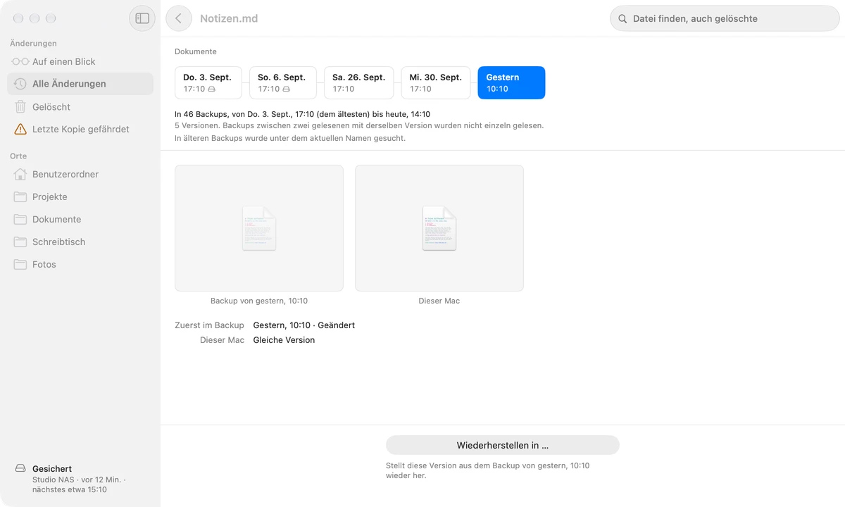 Versionsverlauf von Notizen.md: fünf Versionen von Do. 3. Sept. bis gestern, die ausgewählte neben „Dieser Mac“.