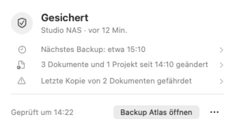 Popover: Gesichert, Studio NAS, vor 12 Min. Nächstes Backup: etwa 15:10. 3 Dokumente und 1 Projekt seit 14:10 geändert. Letzte Kopie von 2 Dokumenten gefährdet.