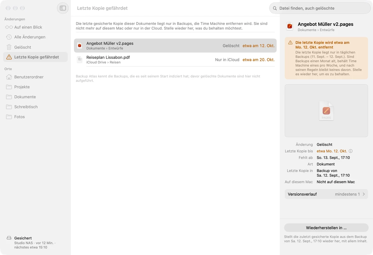Letzte Kopie gefährdet: Angebot Müller v2.pages, gelöscht, die letzte Kopie wird etwa am 12. Okt. entfernt; Reiseplan Lissabon.pdf, nur in iCloud, etwa am 20. Okt.